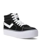 Bota de lona de caña alta, color negro, con cordones blancos y suela de plataforma gruesa blanca. Presenta el logo de Pony en forma de 'V' blanca en el lateral.