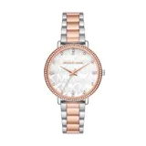 Reloj Michael Kors modelo Pyper para mujer, con caja plateada de 38mm de diámetro, bisel con strass, esfera blanca con logo MK en relieve y agujas doradas. Brazalete combinado plateado y dorado rosado de acero inoxidable.