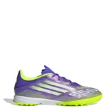 Championes de fútbol Adidas F50 League TF, diseño unisex en color púrpura con detalles en blanco y amarillo limón.