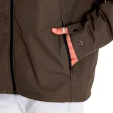 Chaqueta color verde oliva con capucha desmontable, cierre frontal con cremallera y bolsillos laterales.