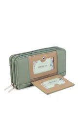 Billetera larga color plateado metalizado, con cierre perimetral y placa con el logo "Lincoln's" al frente. Presenta múltiples compartimentos y tarjeteros.