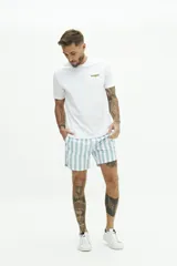 Short de baño con estampado a rayas verticales en tonos celeste y blanco, con cintura elástica ajustable con cordón, dos bolsillos laterales y uno trasero.