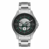 Reloj Armani Exchange modelo Hampton con caja de acero plateado de 46mm de diámetro, esfera negra con detalles en verde y tres subesferas.