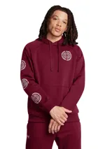Buzo celeste con capucha y cordones ajustables, con logo estampado en el pecho y en la manga.