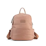 Mochila capitoneada color verde militar, confeccionada en nylon. Tiene apertura superior con cierre y tiradores metálicos, bolsillos internos, bolsillo frontal con cierre metálico, correa corta de mano y correas de galón regulables para colgar en la espalda.