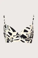 Top de bikini con estructura corsetera, varilla interna y tirantes ajustables con estampado abstracto en blanco, negro y beige.
