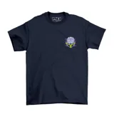 Remera azul marino de algodón con estampado pequeño en el pecho del personaje Mojo Jojo de Las Chicas Superpoderosas.