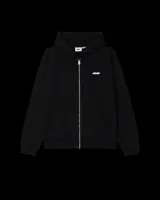 Campera con capucha Obey negra con cierre frontal, bolsillos tipo canguro y logo bordado en el pecho.