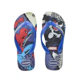 Ojotas Havaianas con diseño de Spiderman y Venom sobre fondo azul y negro.