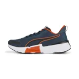Championes Puma PWRFRAME TR, color azul con detalles en naranja y negro, ideales para running y entrenamiento.