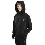 Campera con capucha y cierre frontal, color gris melange jaspeado, con detalles en negro en cierres y cordones. Presenta un pequeño logo bordado en el pecho.