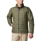 Campera puffer verde militar para hombre, marca Columbia, modelo Powder Lite II. Cuenta con cierre frontal, cuello alto, bolsillos laterales con cierre y logo de la marca bordado en el pecho.