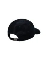 Gorra de béisbol negra de pana con logo bordado en blanco en el frente.