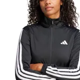 Campera deportiva Adidas de tricot color negro con cierre frontal completo, cuello alto, bolsillos laterales y las tres tiras blancas características de la marca en las mangas.
