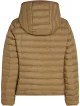 Campera acolchada color marrón claro, reversible, con capucha y cierre frontal.