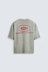 Camiseta gris de punto con cuello redondo y manga corta. Estampado combinado a contraste en delantero y espalda con la frase "Planetary Connection" y un diseño abstracto en rojo.