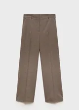 Pantalón de vestir color gris con diseño de espiga, tiro medio, corte recto y bolsillos laterales.