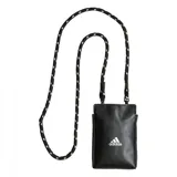 Bolso pequeño Adidas para teléfono, color negro, con logo blanco estampado en el frente y correa de cordón ajustable en blanco y negro.