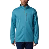 Campera polar Columbia Park View Fleece, color azul jaspeado, con cierre frontal completo, cuello alto, bolsillos laterales con cierre y bolsillo en el pecho con cierre vertical en color verde lima. Cuenta con tecnología Omni-Wick, puños elásticos con orificios para pulgares y protector de barbilla.