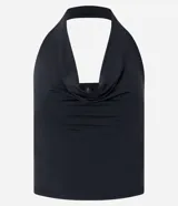 Blusa frente única color negro, con bretel ancho y escote drapeado.