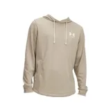 Buzo Under Armour Rival Terry de hombre, color beige, con capucha ajustable con cordones, logo estampado en el pecho y bolsillo tipo canguro.