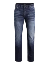 Jean de hombre Jack & Jones, modelo Mike Original, de corte tapered, tiro regular, rodilla cómoda y pierna ceñida. Diseño clásico de cinco bolsillos y cierre con botón.