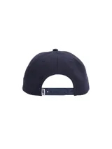 Gorra de béisbol azul marino de seis paneles con logo Obey bordado en blanco en el frente.