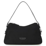 Bolso de hombro Guess modelo Alisha, color negro, con textura de gamuza o material similar. Presenta un diseño curvo y ajustado al cuerpo, con correa de hombro delgada y cierre superior de cremallera. El logo metálico de Guess Los Angeles se encuentra centrado en la parte inferior frontal.
