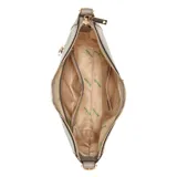 Cartera bandolera Guess Eco Gloriana chica, color gris plateado, con correa de hombro ajustable, correa bandolera extraíble y asa de cadena dorada.