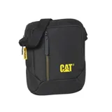 Bandolera negra de poliéster con logo de Caterpillar en amarillo. Tiene un bolsillo frontal con cierre y correa ajustable.