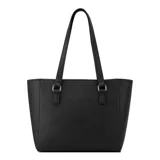 Cartera tipo tote Guess modelo Lockwood, color negro con textura saffiano, doble asa de hombro y charm colgante con estampado del logo de la marca.