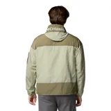 Campera cortavientos Columbia Challenger II color verde claro con bloques de color marrón en la parte superior y bolsillos.