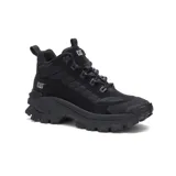 Bota Caterpillar Intruder Mid unisex, color negro, de caña media, confeccionada en cuero nobuck y nylon, con forro interno de malla, entresuela de EVA y suela de goma con gran tracción.