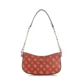 Bolso de hombro Guess modelo Evelune, color rojo con estampado del logo de la marca en tono marrón. Cuenta con herrajes dorados, cierre superior con cremallera y múltiples bolsillos interiores. El asa combina una parte de cuero sintético con una cadena dorada.