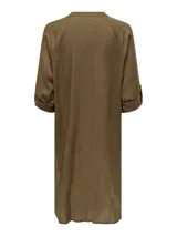 Vestido camisero midi color verde oliva, de lino, con cuello mao y mangas largas con trabilla para arremangar.