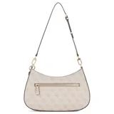 Cartera Guess modelo Noelle II, tipo baguette, con estampado del logo de la marca en tonos beige y correa de hombro ajustable en color blanco. Incluye llavero colgante con el logo de Guess en dorado.
