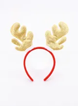 Vincha navideña roja con astas de reno doradas con glitter.