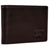 Billetera Caterpillar de cuero vegano color marrón oscuro, con doble pliegue, pinza para billetes y capacidad para 4 tarjetas de crédito.