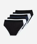 Kit de cinco calzoncillos slip de algodón con elástico aparente en la cintura.