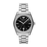 Reloj Emporio Armani con caja de acero inoxidable plateado de 41 mm y esfera negra con acabado sunray. Tiene manecillas e índices plateados, ventana de fecha a las 3 en punto y correa de acero inoxidable plateada con cierre desplegable. Resistente al agua hasta 50 metros.