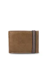 Billetera marrón de cuero liso con banda elástica tricolor. Interior con compartimento para billetes, visor y tarjeteros.