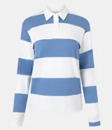Remera de manga larga con cuello polo, a rayas horizontales anchas de color rosado y blanco.