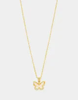 Cadena corta dorada de acero quirúrgico con dije de mariposa en nácar y strass.