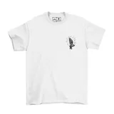 Remera blanca de algodón con estampa en la espalda de una imagen de Mirtha Legrand como virgen con rosas y texto curvo.