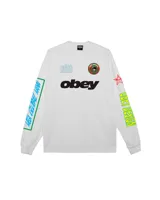 Remera blanca de manga larga con cuello redondo. Estampado frontal con el logo de Obey en negro y otros diseños gráficos en verde, rojo y azul.
