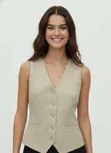 Chaleco sastrero color beige con bolsillos delanteros. Confeccionado en tejido plano de viscosa y lino. Diseño con cierre de botones y detalle adicional en el frente.