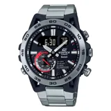 Reloj Casio Edifice SOSPENSIONE ECB-40D-1ADF, con caja de resina reforzada con fibra de carbono y correa de acero plateado. Cuenta con Smartphone Link, cronómetro, hora mundial y doble LED Super Illuminator.