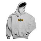 Canguro gris con capucha y bolsillo delantero, con estampado de logo Emexem en el pecho y estampado de pizza en la espalda.
