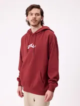 Canguro negro con capucha y cordones ajustables, bolsillo canguro frontal y logo de Rusty estampado en el pecho.