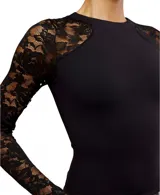 Top de manga larga ajustado al cuerpo, color marrón oscuro, con cuello redondo y mangas de encaje floral marrón translúcido.